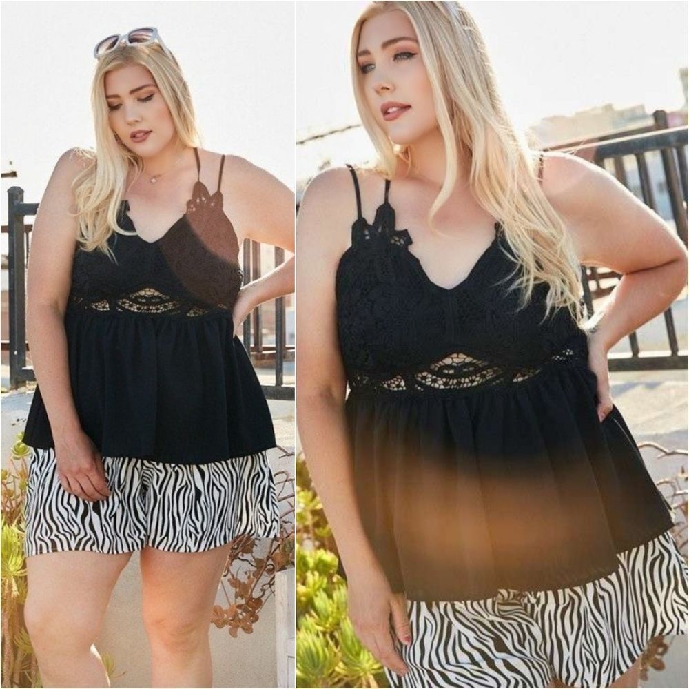 Plus Size Double Strap Lace Trim Top - Black